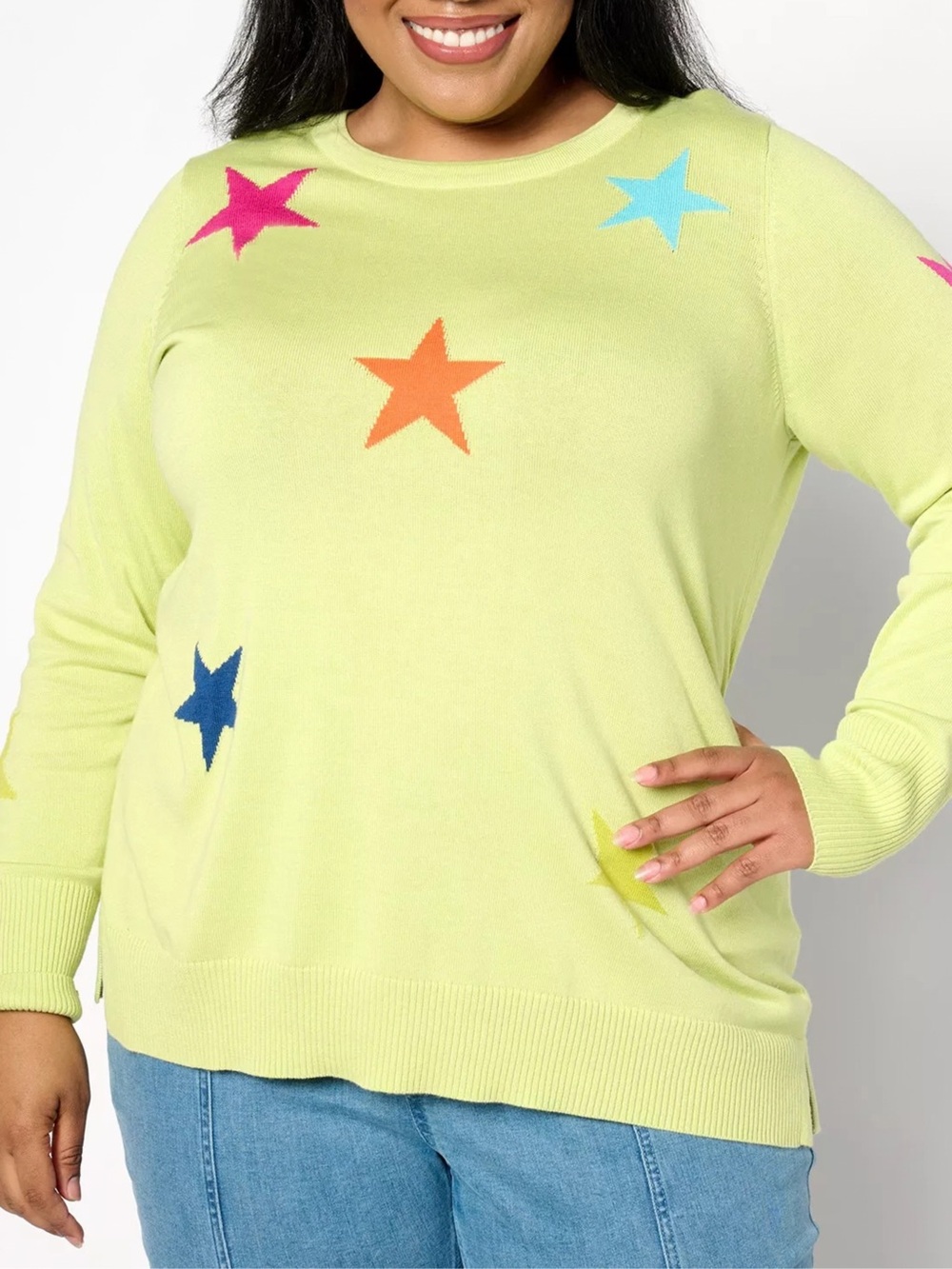 Belle by Kim Gravel Lime Multicolored Star Intarsia Knit Sweater Plus Sz 2X EUC